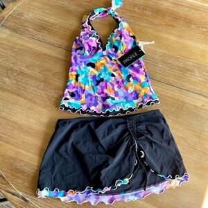 NWT Black and Multicolor Two Piece Tankini Ruffle Swimsuit Bathing Suit Size 8